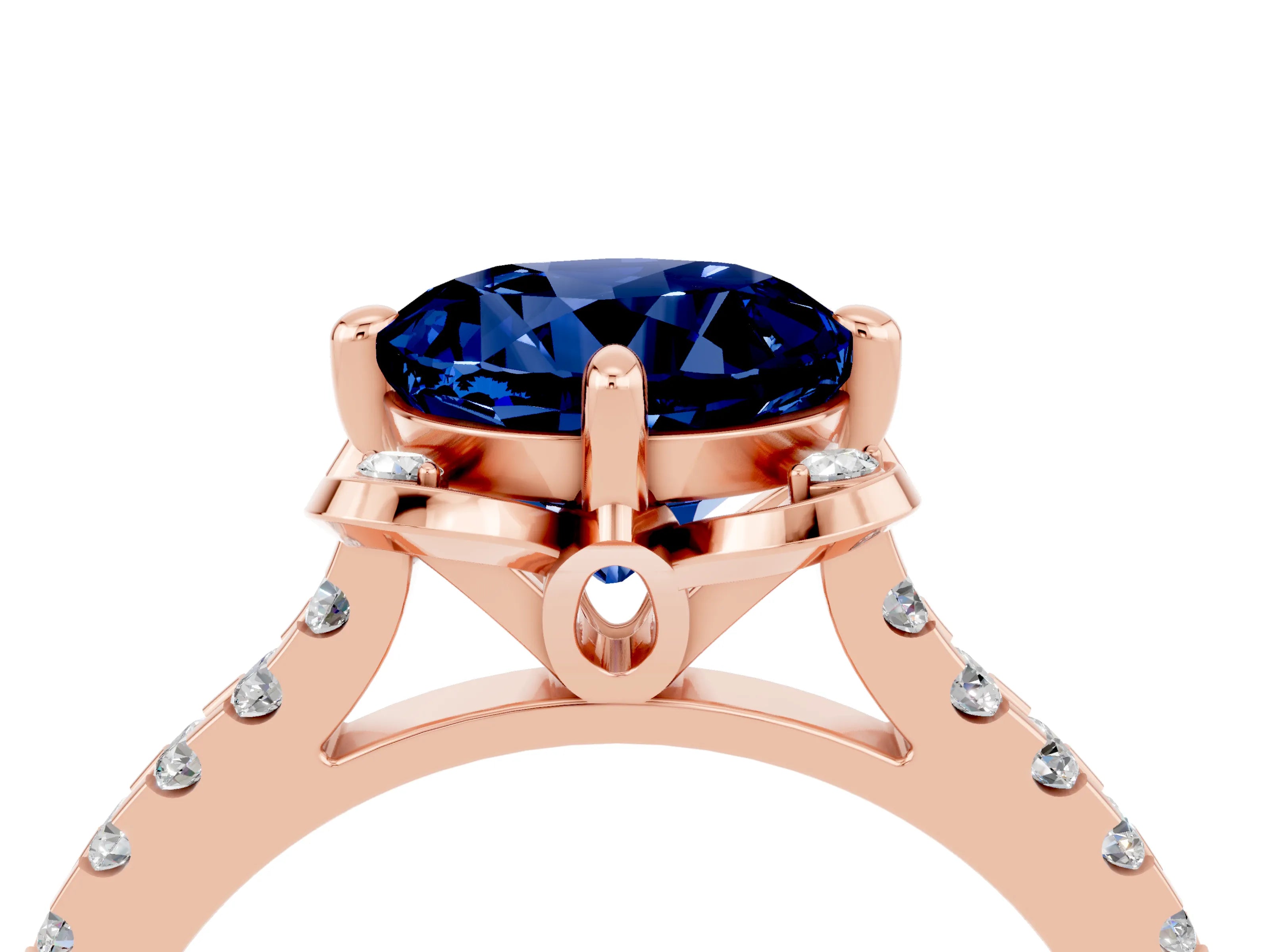 Rose gold Round Cut Blue Sapphire Ring with Pavé Band and Floral Prong Setting_4