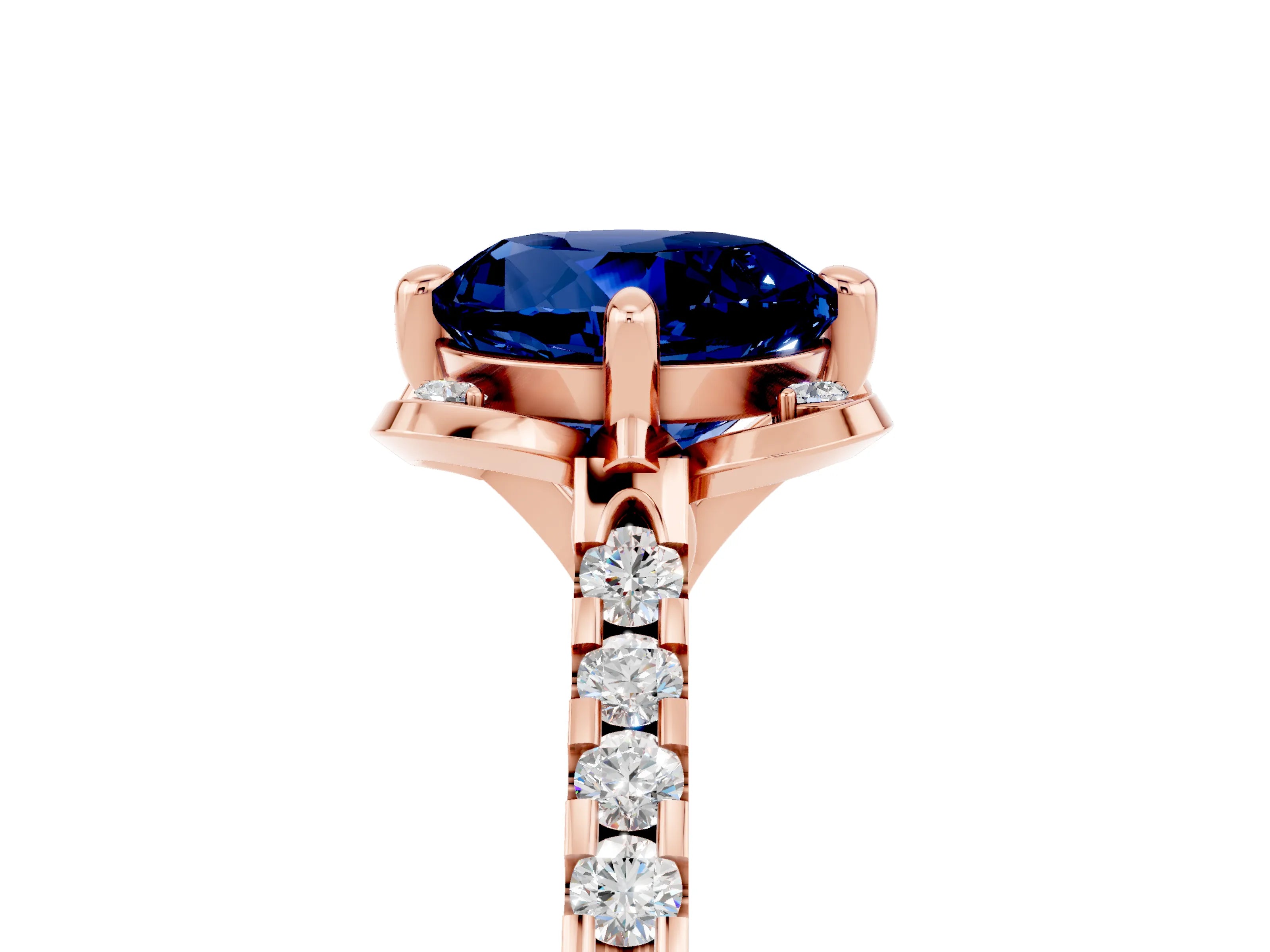 Rose gold Round Cut Blue Sapphire Ring with Pavé Band and Floral Prong Setting_5