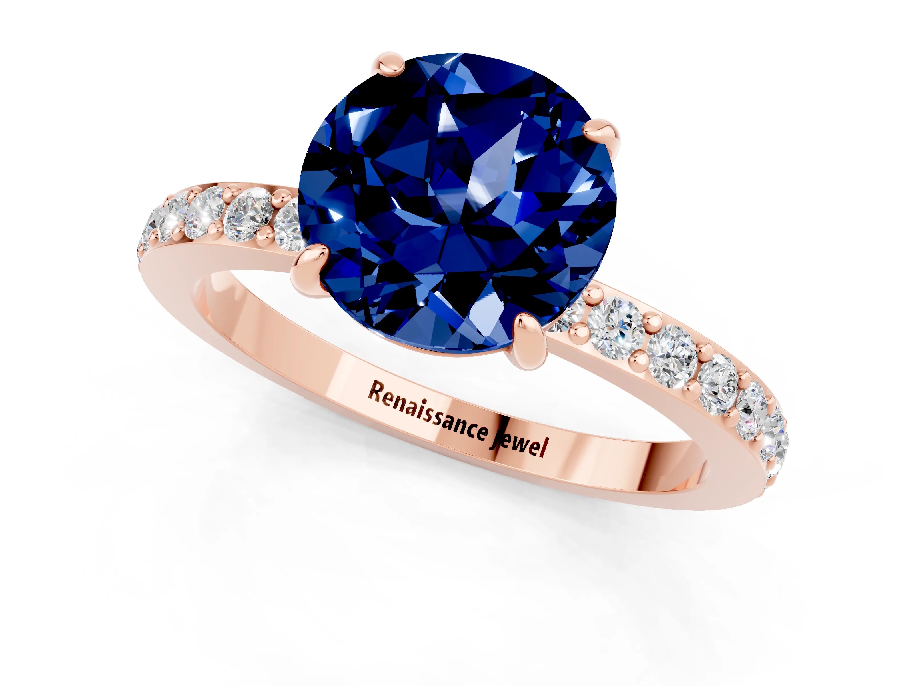 Rose gold Round Cut Blue Sapphire Ring with Pavé Band and Four-Prong Setting_1