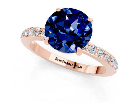 Rose gold Round Cut Blue Sapphire Ring with Pavé Band and Four-Prong Setting_1