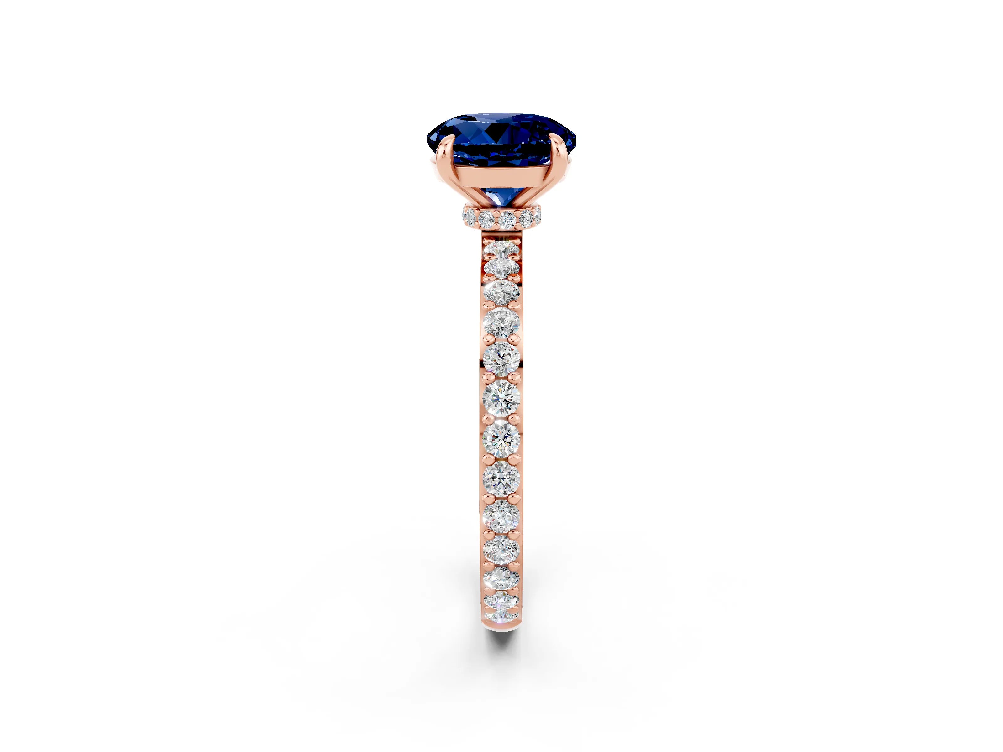Rose gold Round Cut Blue Sapphire Ring with Pavé Band and Four-Prong Setting_2