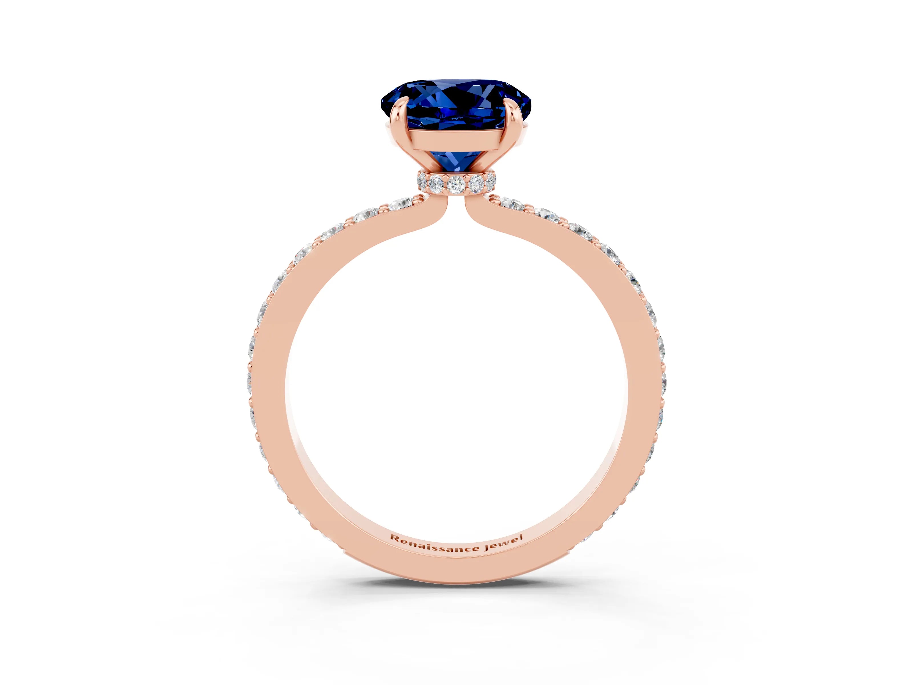 Rose gold Round Cut Blue Sapphire Ring with Pavé Band and Four-Prong Setting_3