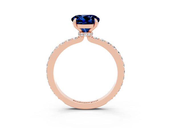 Rose gold Round Cut Blue Sapphire Pavé Engagement Ring with Round  Accents and Prong Setting