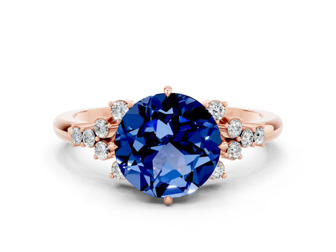 Rose gold Round Cut Blue Sapphire Ring with Side Stones and Four-Prong Setting_36