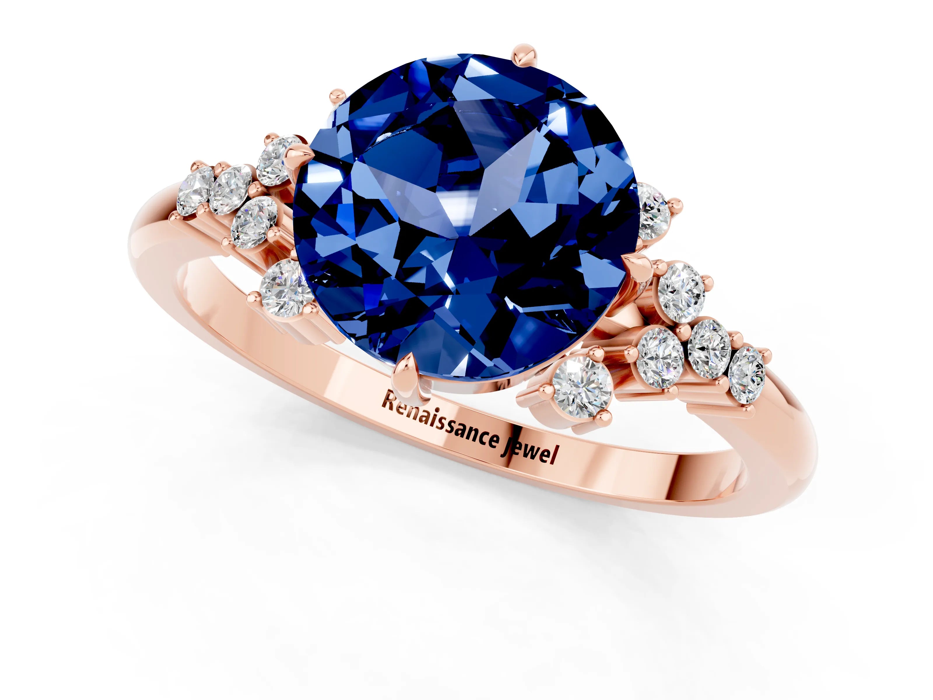 Rose gold Round Cut Blue Sapphire Ring with Side Stones and Four-Prong Setting_37