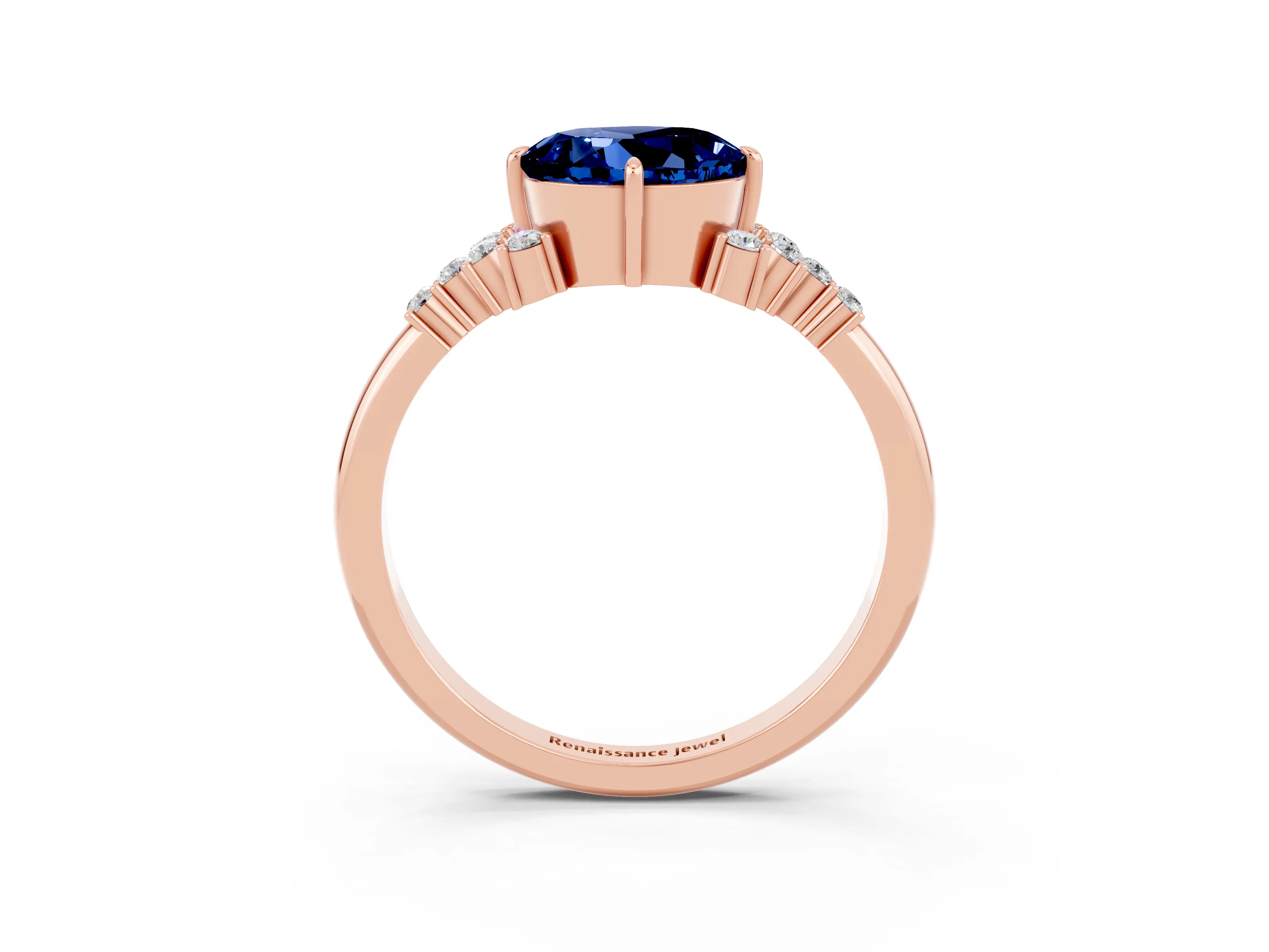 Rose gold Round Cut Blue Sapphire Ring with Side Stones and Four-Prong Setting_39