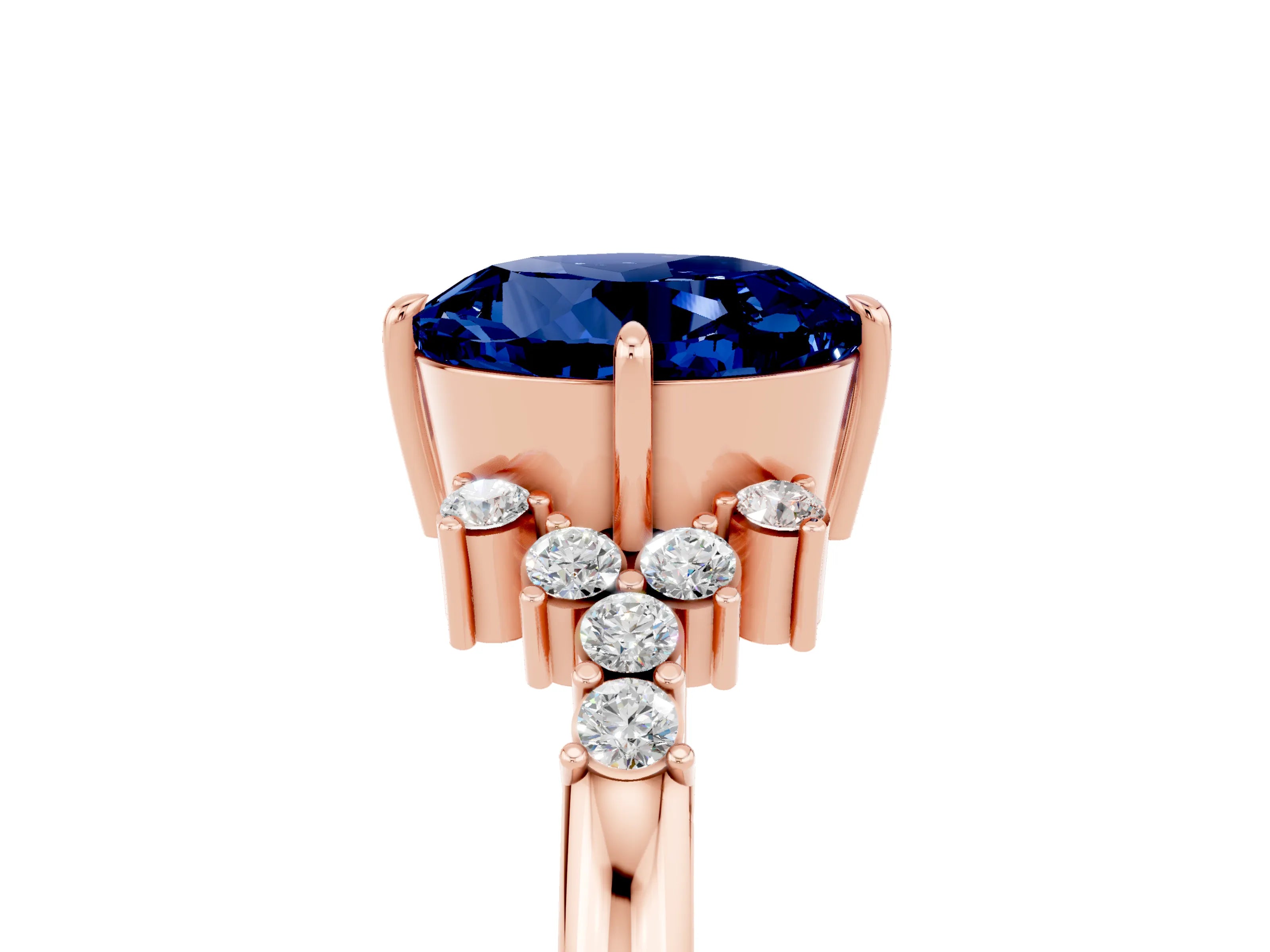 Rose gold Round Cut Blue Sapphire Ring with Side Stones and Four-Prong Setting_41