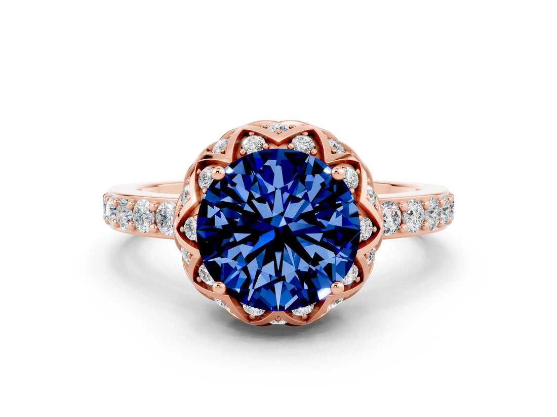 Rose gold Round Cut Blue Sapphire Scalloped Halo Engagement Ring with Round Shared Prong Band_24