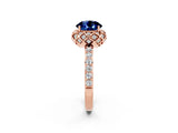 Rose gold Round Cut Blue Sapphire Scalloped Halo Engagement Ring with Round Shared Prong Band_26
