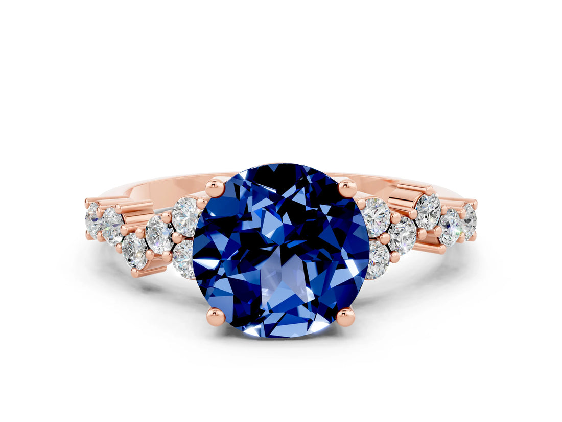 Rose gold Round Cut Blue Sapphire Scattered Round Accent Ring with Prong Setting_12