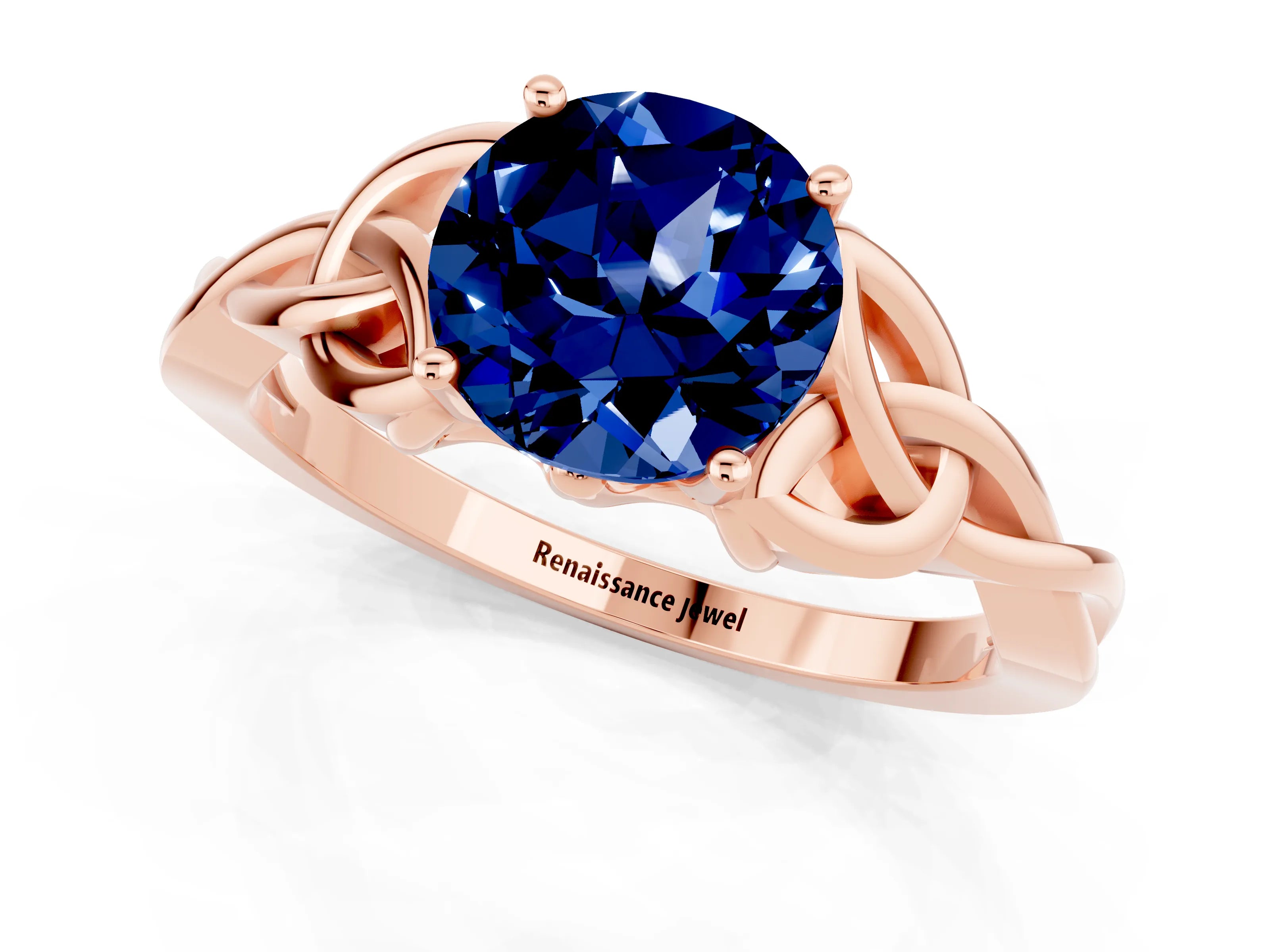 Rose gold Round Cut Blue Sapphire Solitaire Celtic Knot Ring with Four-Prong Setting_13