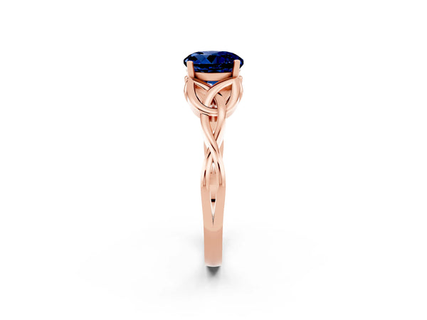 Rose gold Round Cut Blue Sapphire Solitaire Celtic Knot Ring with Four-Prong Setting