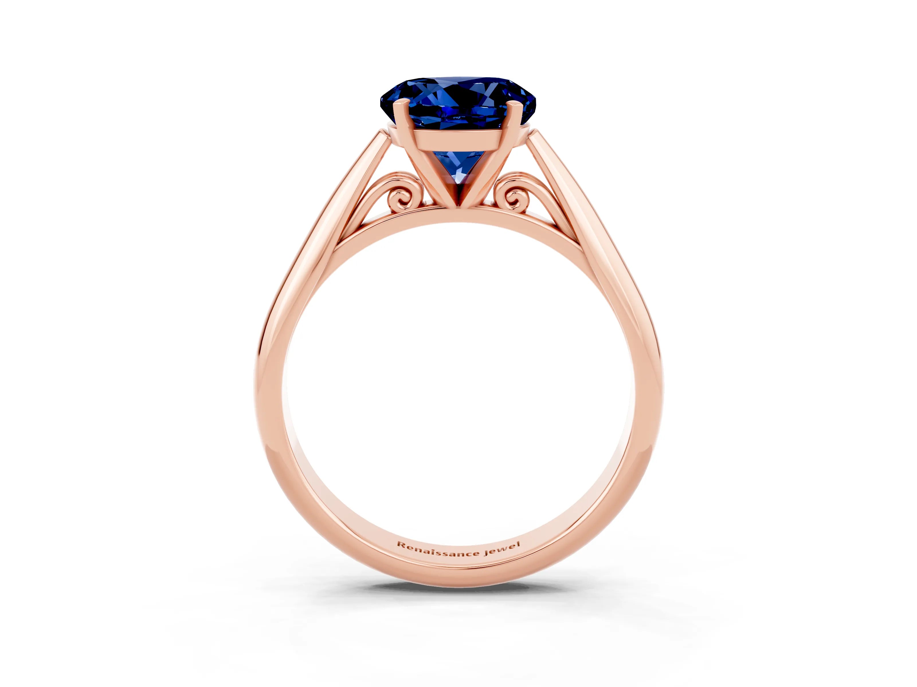 Rose gold Round Cut Blue Sapphire Solitaire Engagement Ring with Cathedral Setting and Four-Prong Mount_15