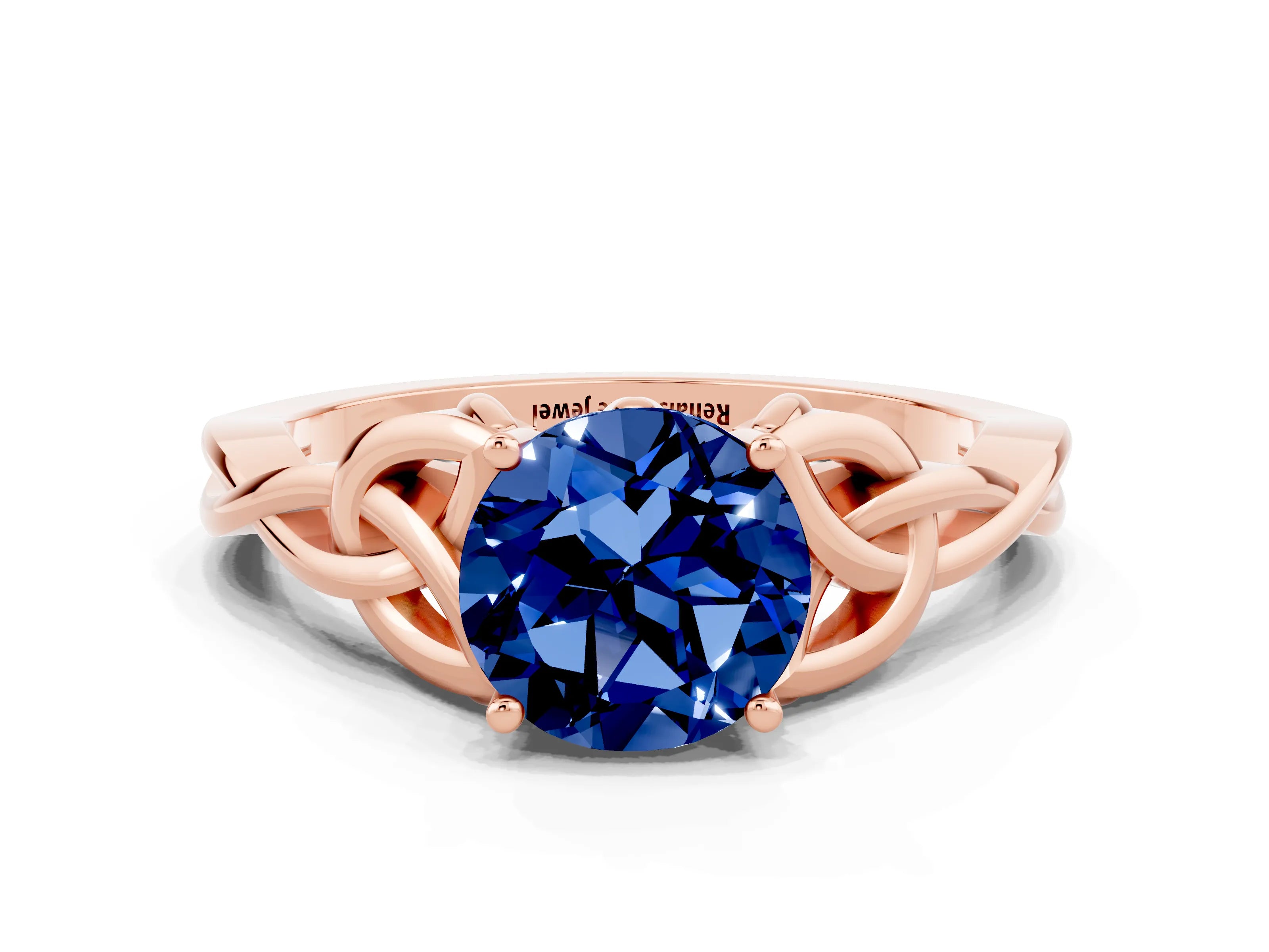 Rose gold Round Cut Blue Sapphire Solitaire Engagement Ring with Celtic Knot Band and Four-Prong Setting