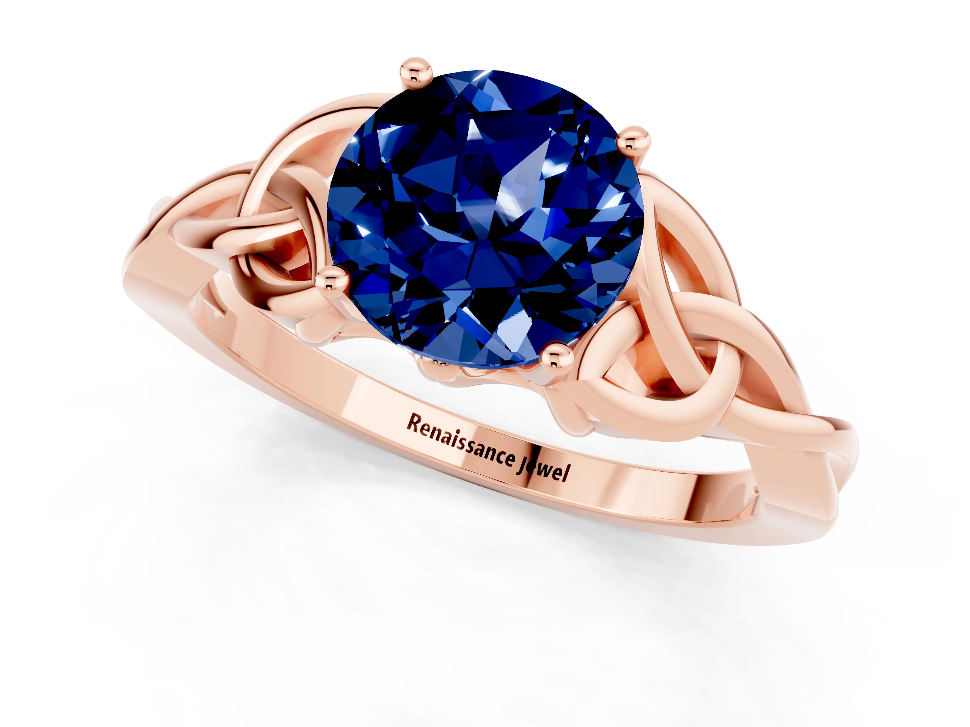 Rose gold Round Cut Blue Sapphire Solitaire Engagement Ring with Celtic Knot Band and Four-Prong Setting_1