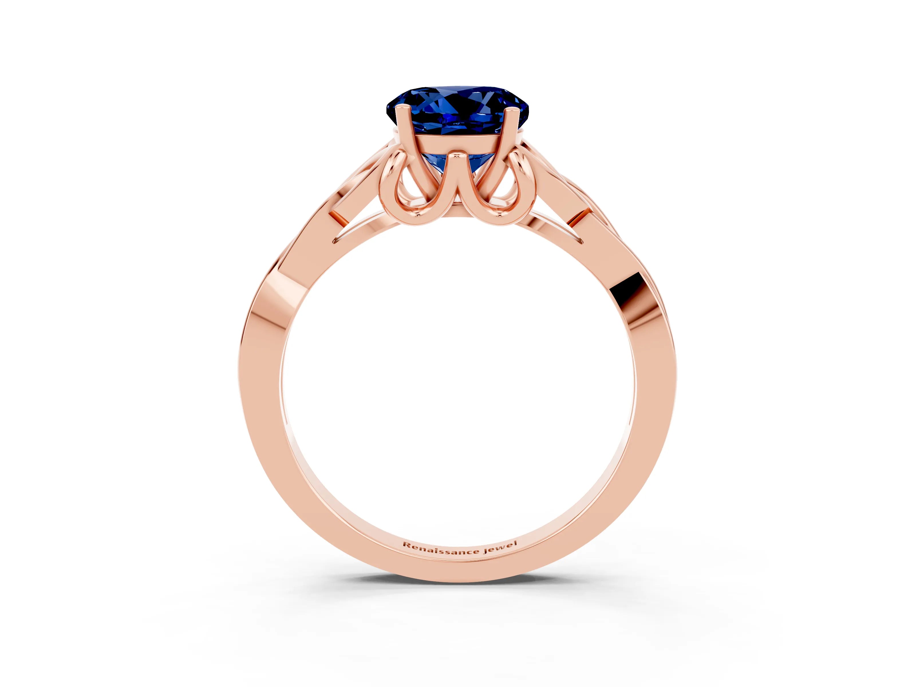 Rose gold Round Cut Blue Sapphire Solitaire Engagement Ring with Celtic Knot Band and Four-Prong Setting_3