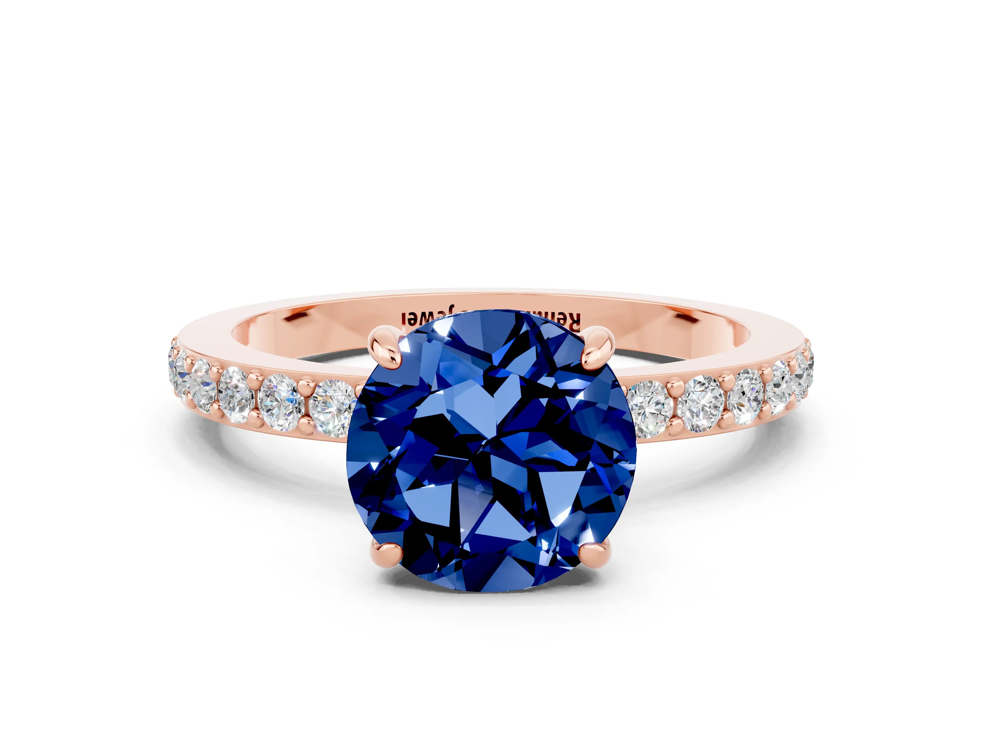 Rose gold Round Cut Blue Sapphire Solitaire Engagement Ring with Pavé Band and Four-Prong Setting