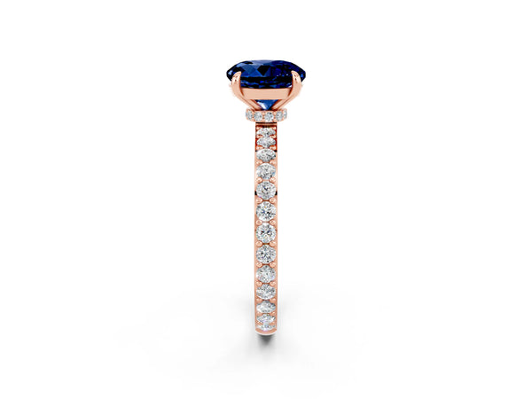 Rose gold Round Cut Blue Sapphire Solitaire Engagement Ring with Pavé Band and Four-Prong Setting