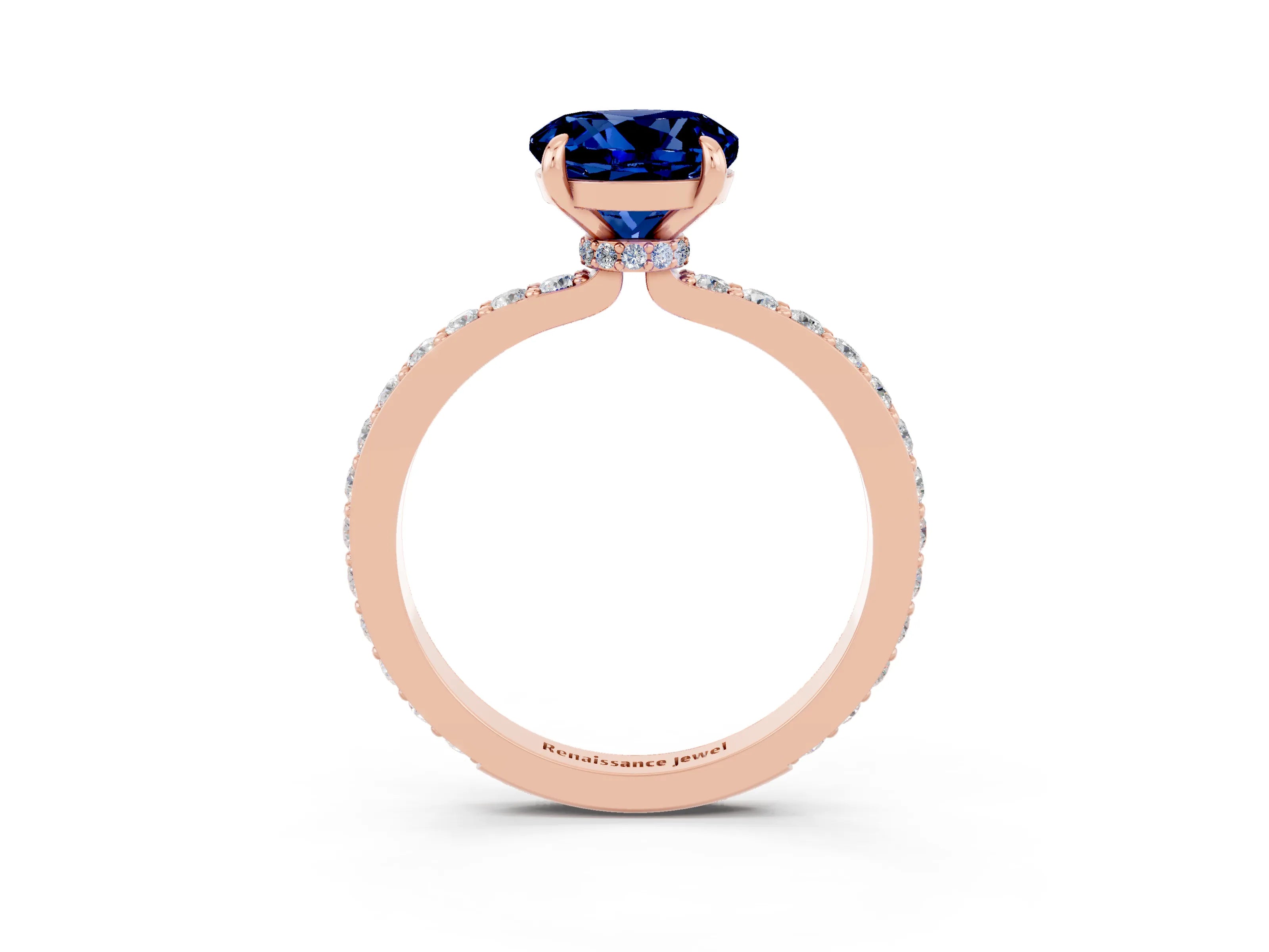 Rose gold Round Cut Blue Sapphire Solitaire Engagement Ring with Pavé Band and Four-Prong Setting_3