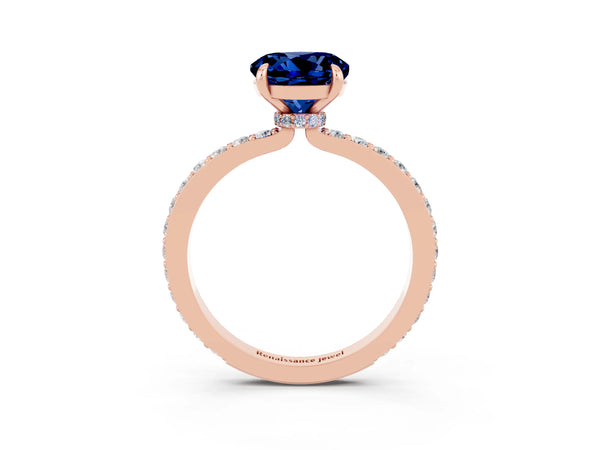 Rose gold Round Cut Blue Sapphire Solitaire Engagement Ring with Pavé Band and Four-Prong Setting