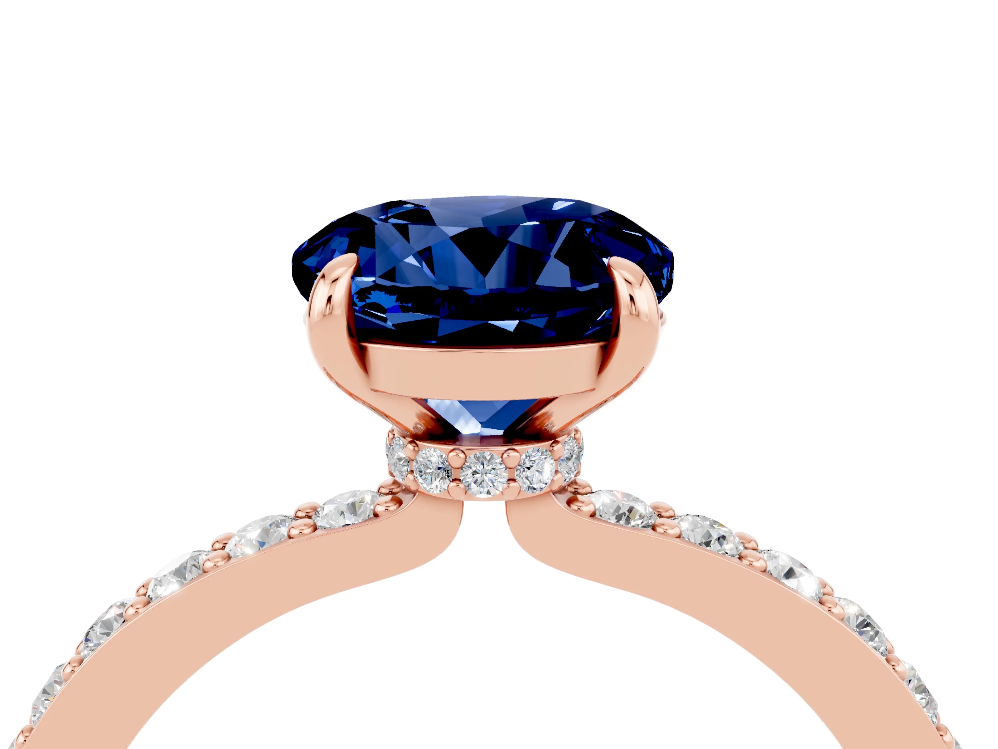 Rose gold Round Cut Blue Sapphire Solitaire Engagement Ring with Pavé Band and Four-Prong Setting_4