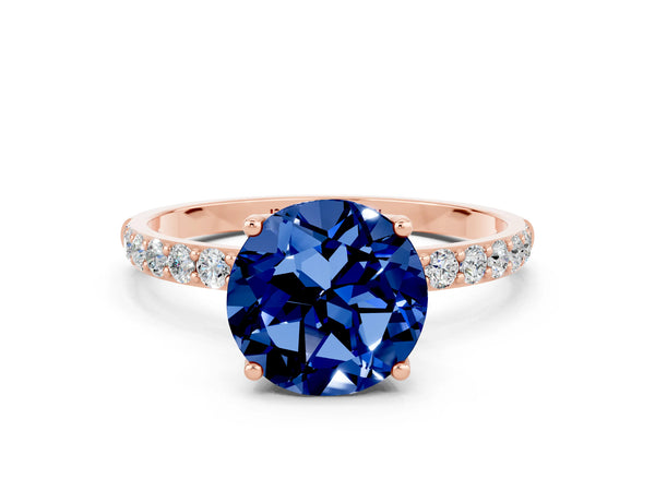 Rose gold Round Cut Blue Sapphire Solitaire Engagement Ring with Round  Pavé Band and Prong Setting