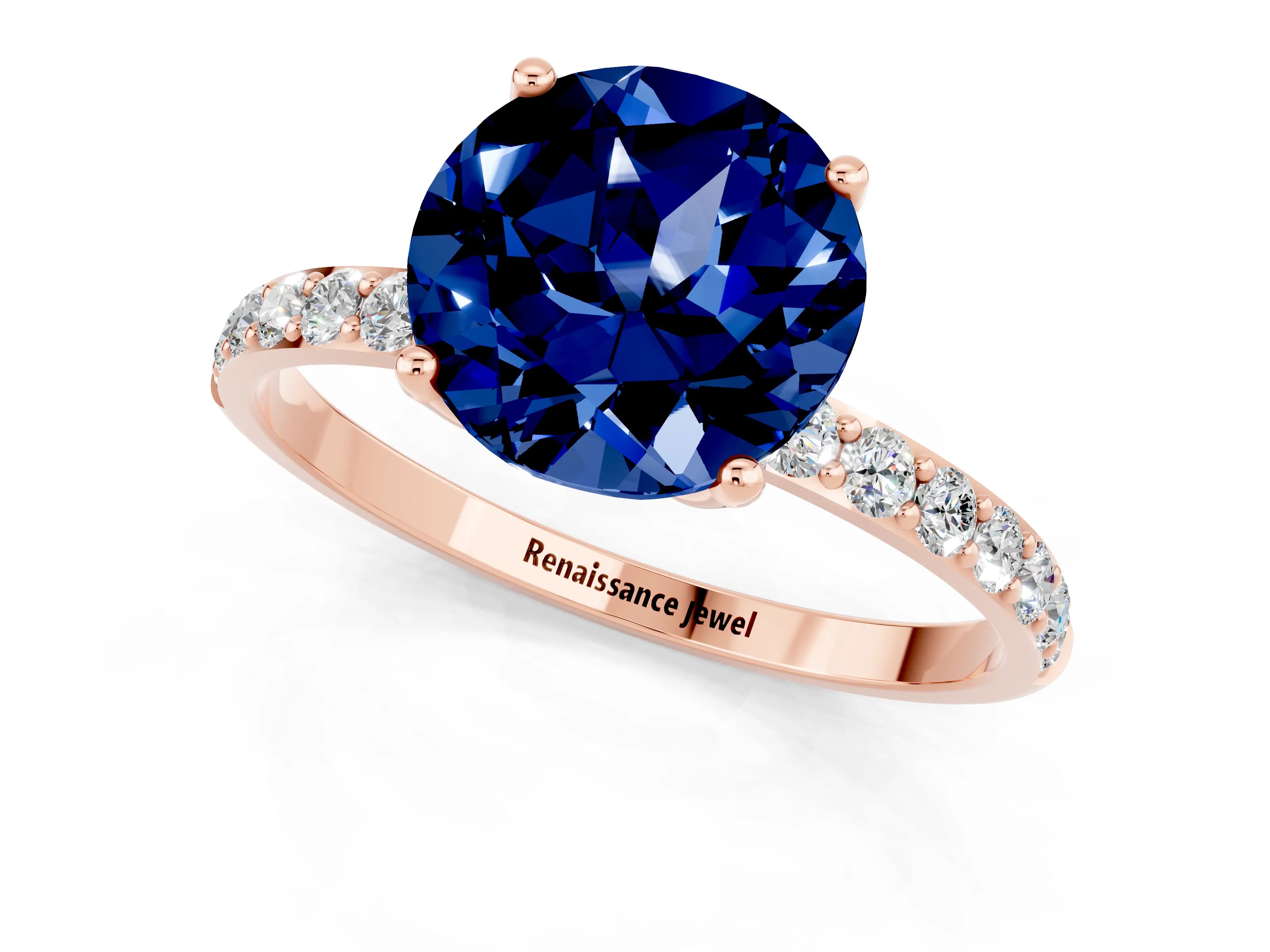 Rose gold Round Cut Blue Sapphire Solitaire Engagement Ring with Pavé Band and Prong Setting_1
