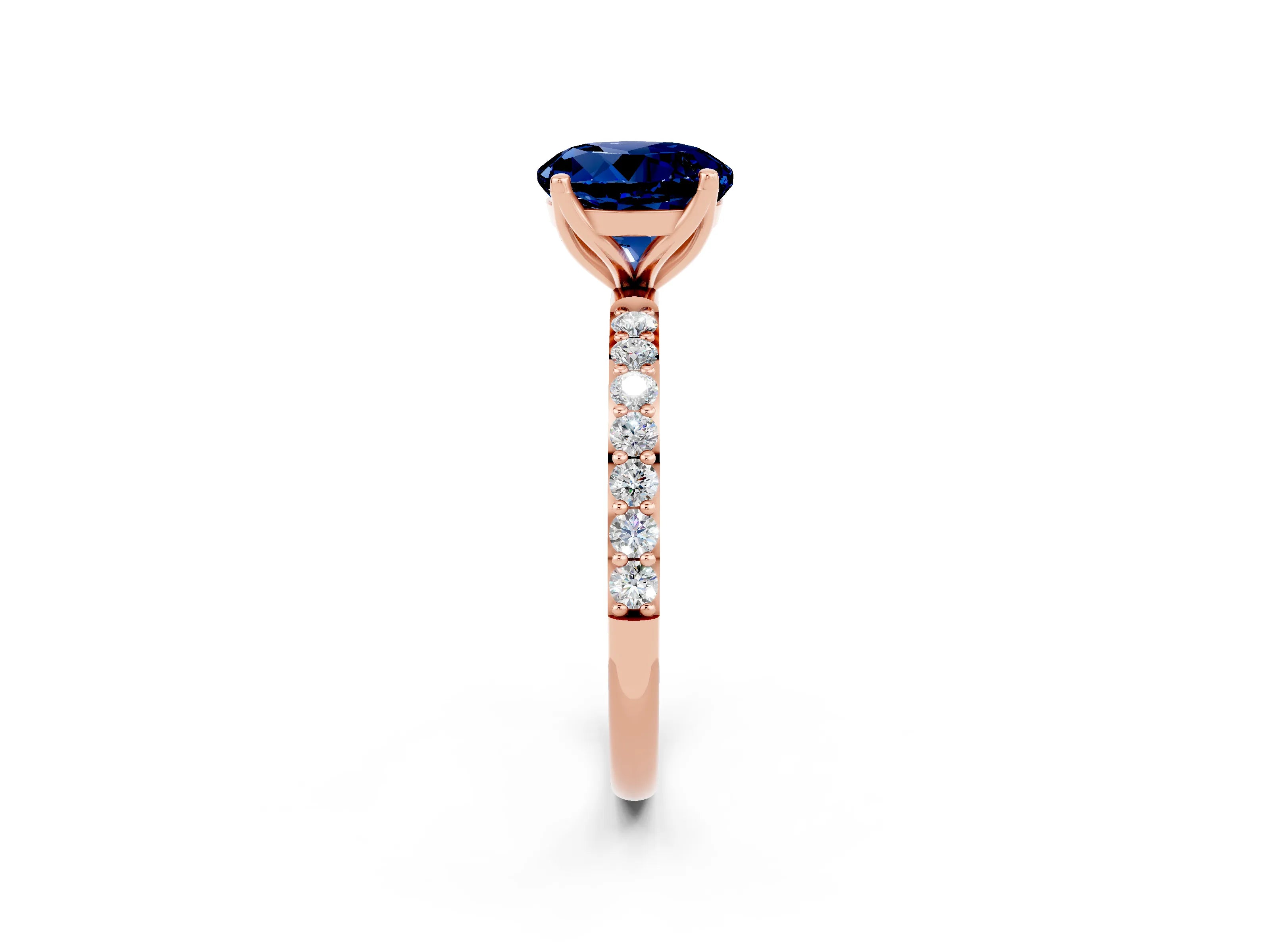 Rose gold Round Cut Blue Sapphire Solitaire Engagement Ring with Pavé Band and Prong Setting_2