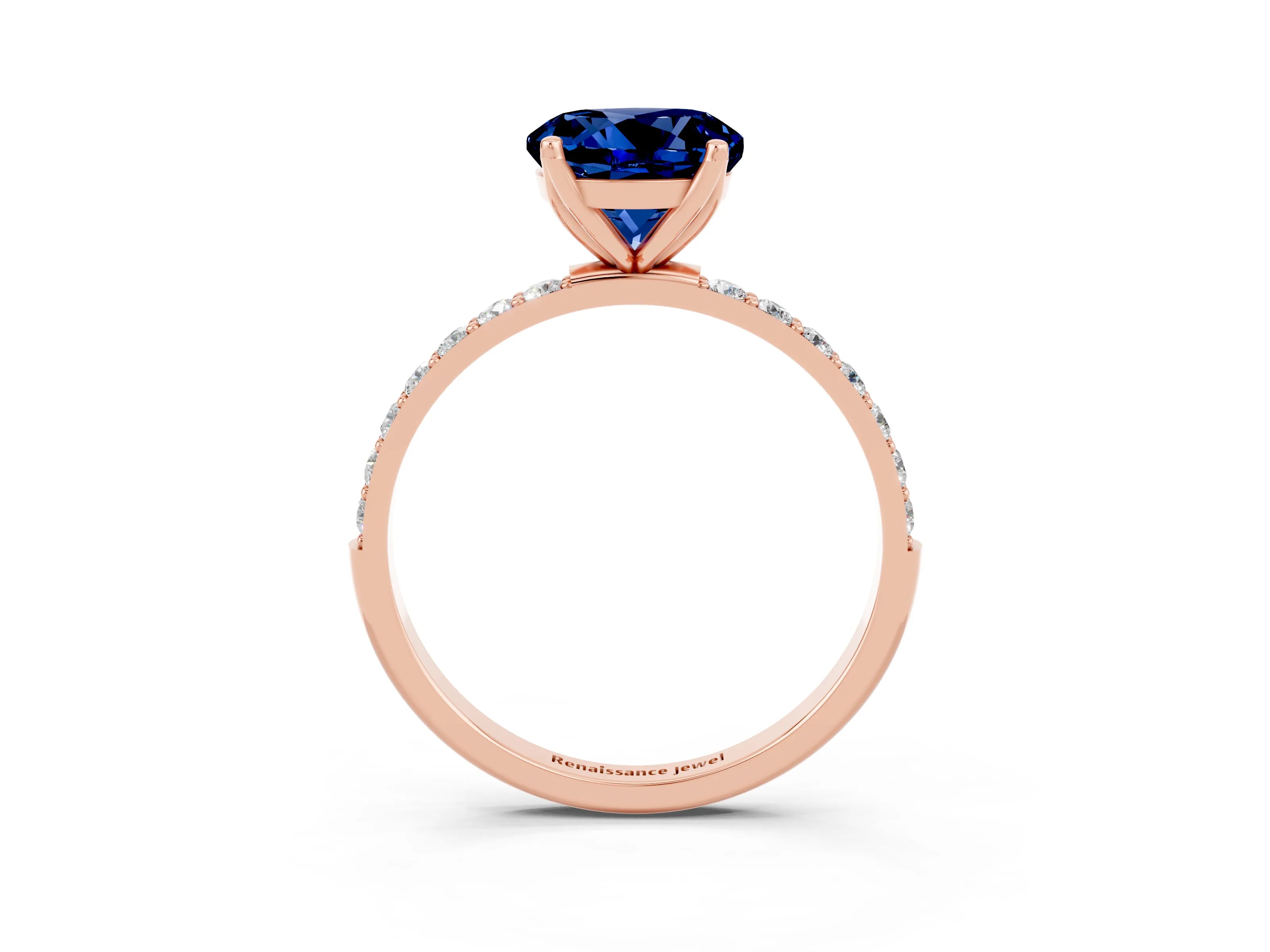 Rose gold Round Cut Blue Sapphire Solitaire Engagement Ring with Pavé Band and Prong Setting_3