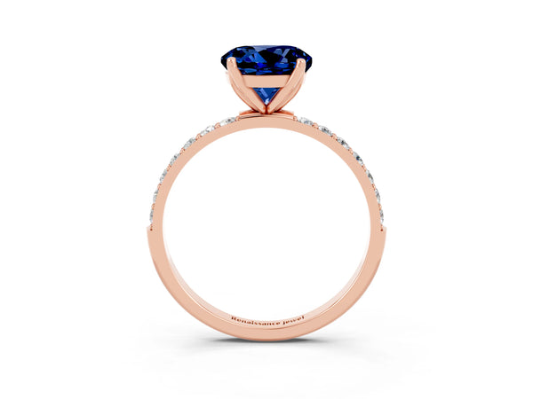Rose gold Round Cut Blue Sapphire Solitaire Engagement Ring with Round  Pavé Band and Prong Setting