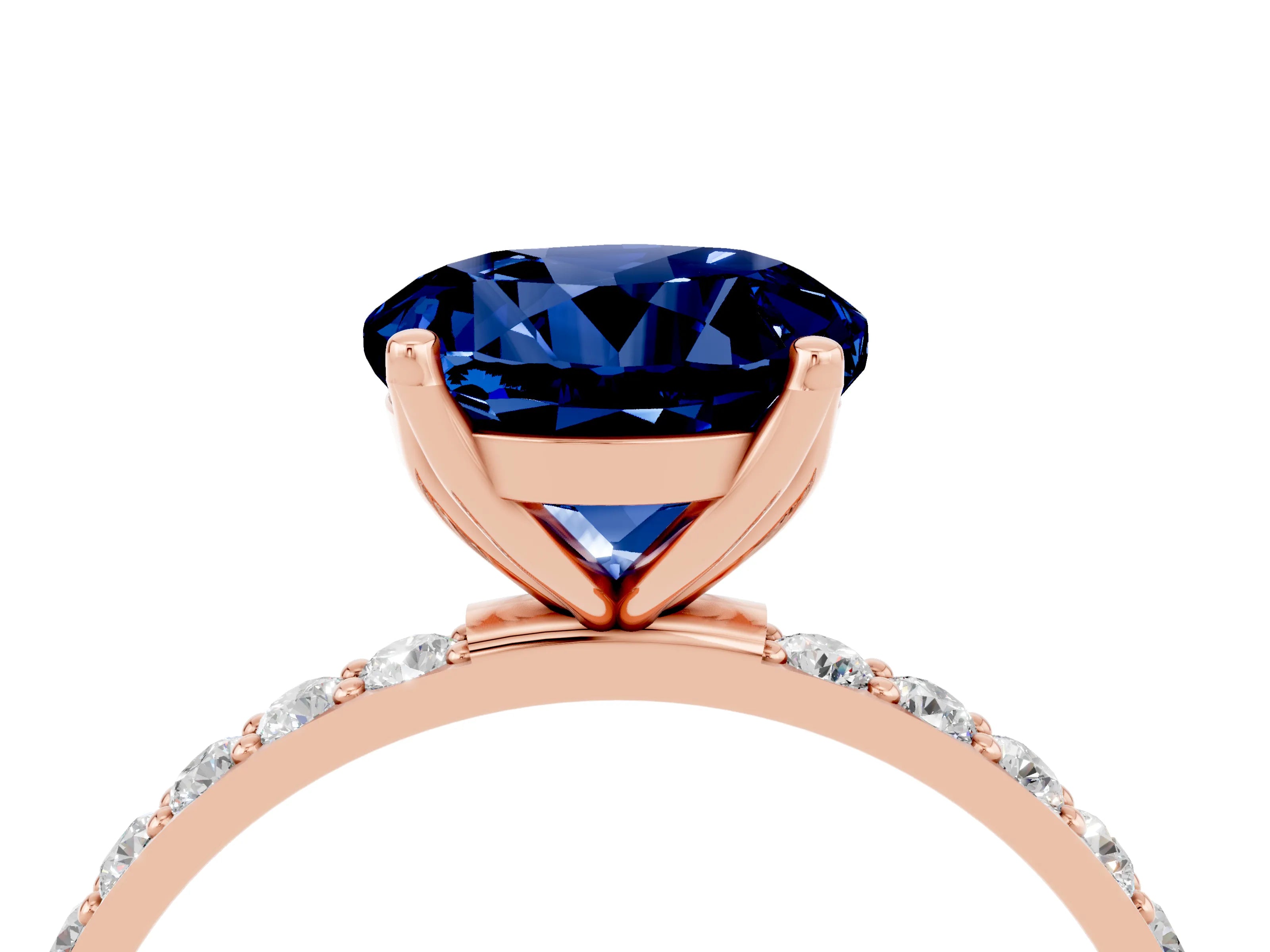 Rose gold Round Cut Blue Sapphire Solitaire Engagement Ring with Pavé Band and Prong Setting_4
