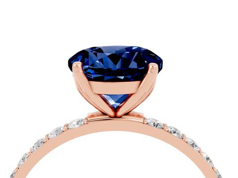 Rose gold Round Cut Blue Sapphire Solitaire Engagement Ring with Pavé Band and Prong Setting_4