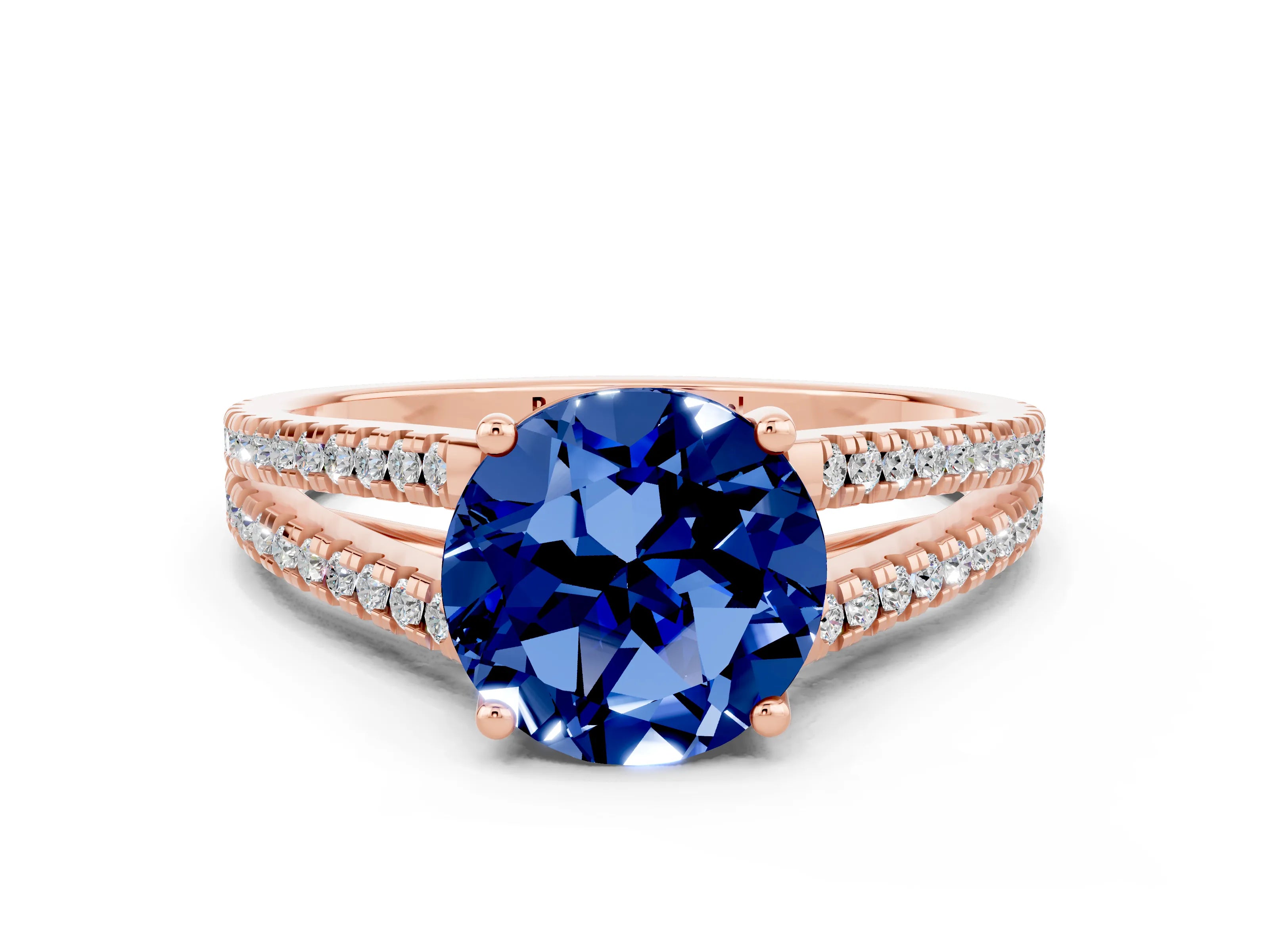 Rose gold Round Cut Blue Sapphire Solitaire Engagement Ring with Split Shank Pavé Band