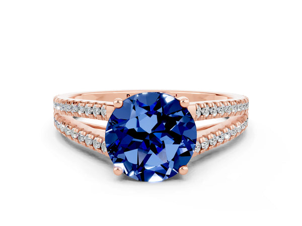Rose gold Round Cut Blue Sapphire Solitaire Engagement Ring with Split Shank Pavé Band