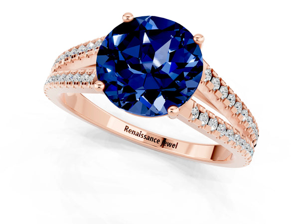Rose gold Round Cut Blue Sapphire Solitaire Engagement Ring with Split Shank Pavé Band