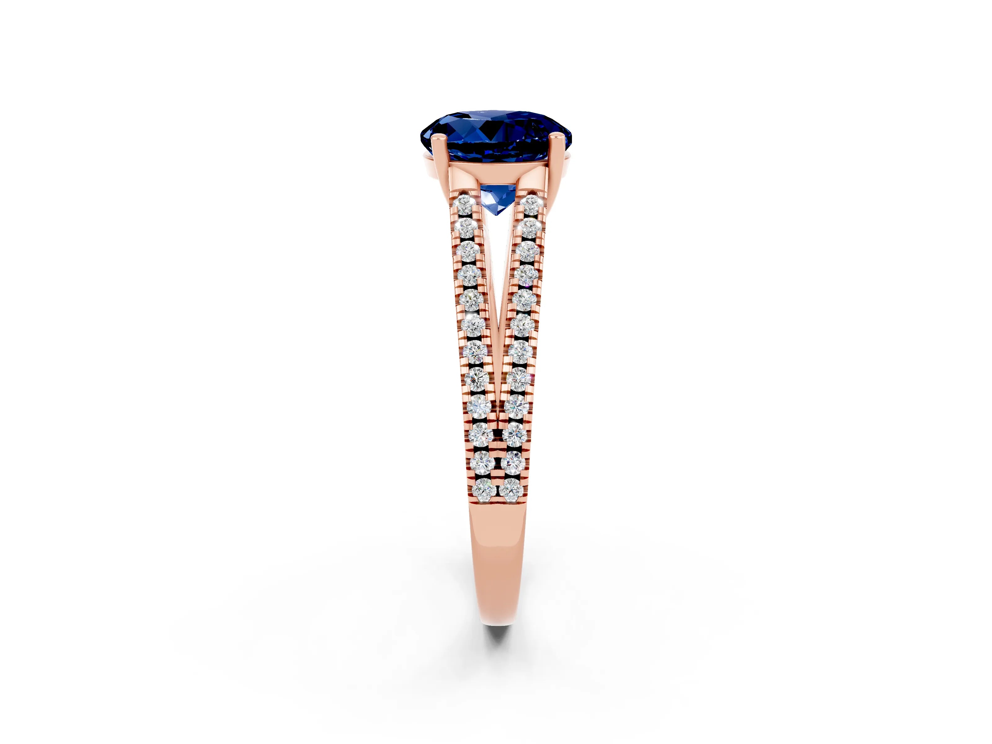 Rose gold Round Cut Blue Sapphire Solitaire Engagement Ring with Split Shank Pavé Band_2