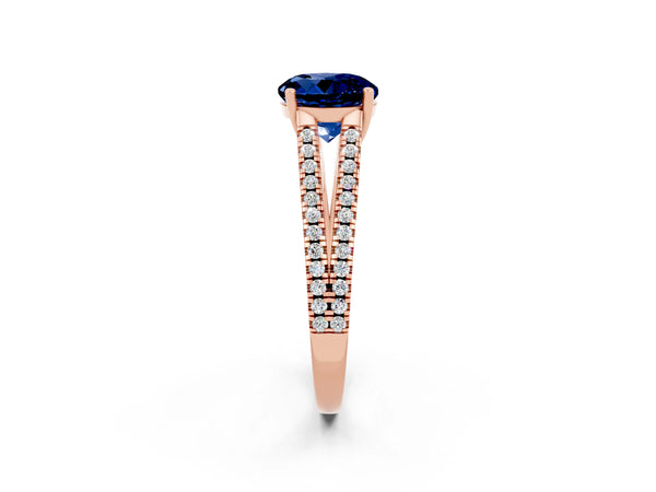 Rose gold Round Cut Blue Sapphire Solitaire Engagement Ring with Split Shank Pavé Band
