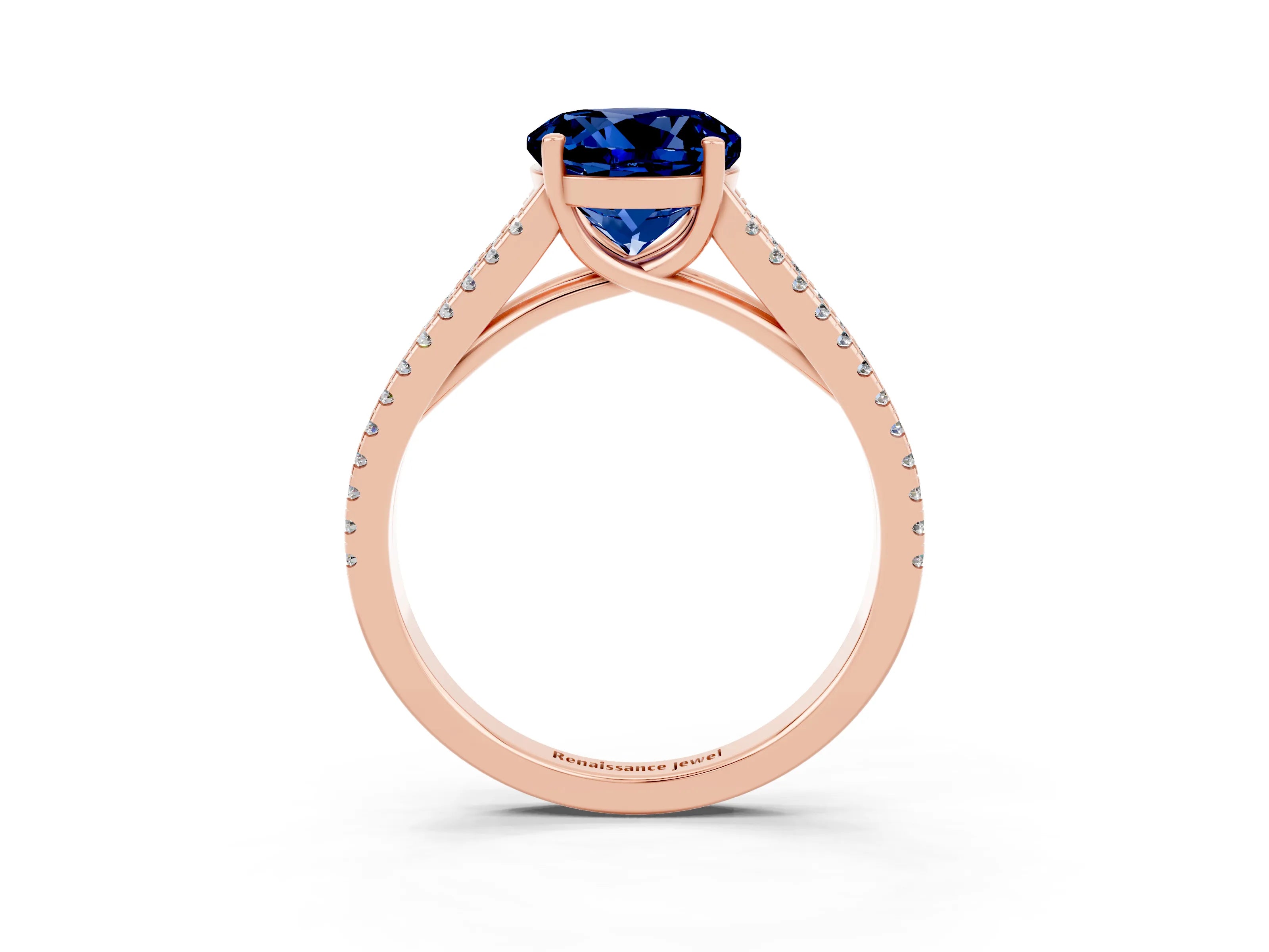 Rose gold Round Cut Blue Sapphire Solitaire Engagement Ring with Split Shank Pavé Band_3
