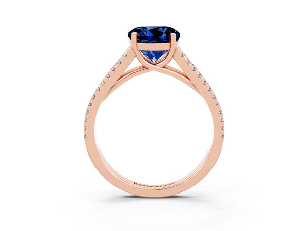 Rose gold Round Cut Blue Sapphire Solitaire Engagement Ring with Split Shank Pavé Band