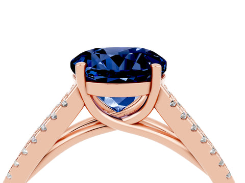 Rose gold Round Cut Blue Sapphire Solitaire Engagement Ring with Split Shank Pavé Band_4