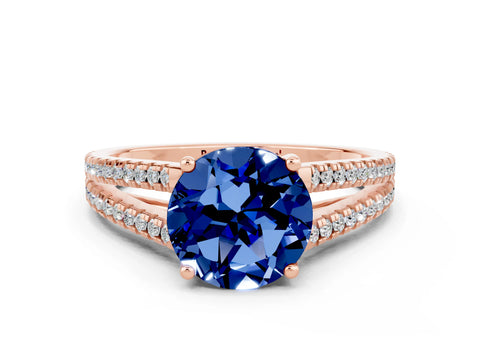 Rose gold Round Cut Blue Sapphire Solitaire Engagement Ring with Split Shank Pavé Band
