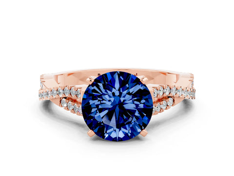 Rose gold Round Cut Blue Sapphire Solitaire Engagement Ring with Twisted Pavé Band and Four-Prong Setting_12