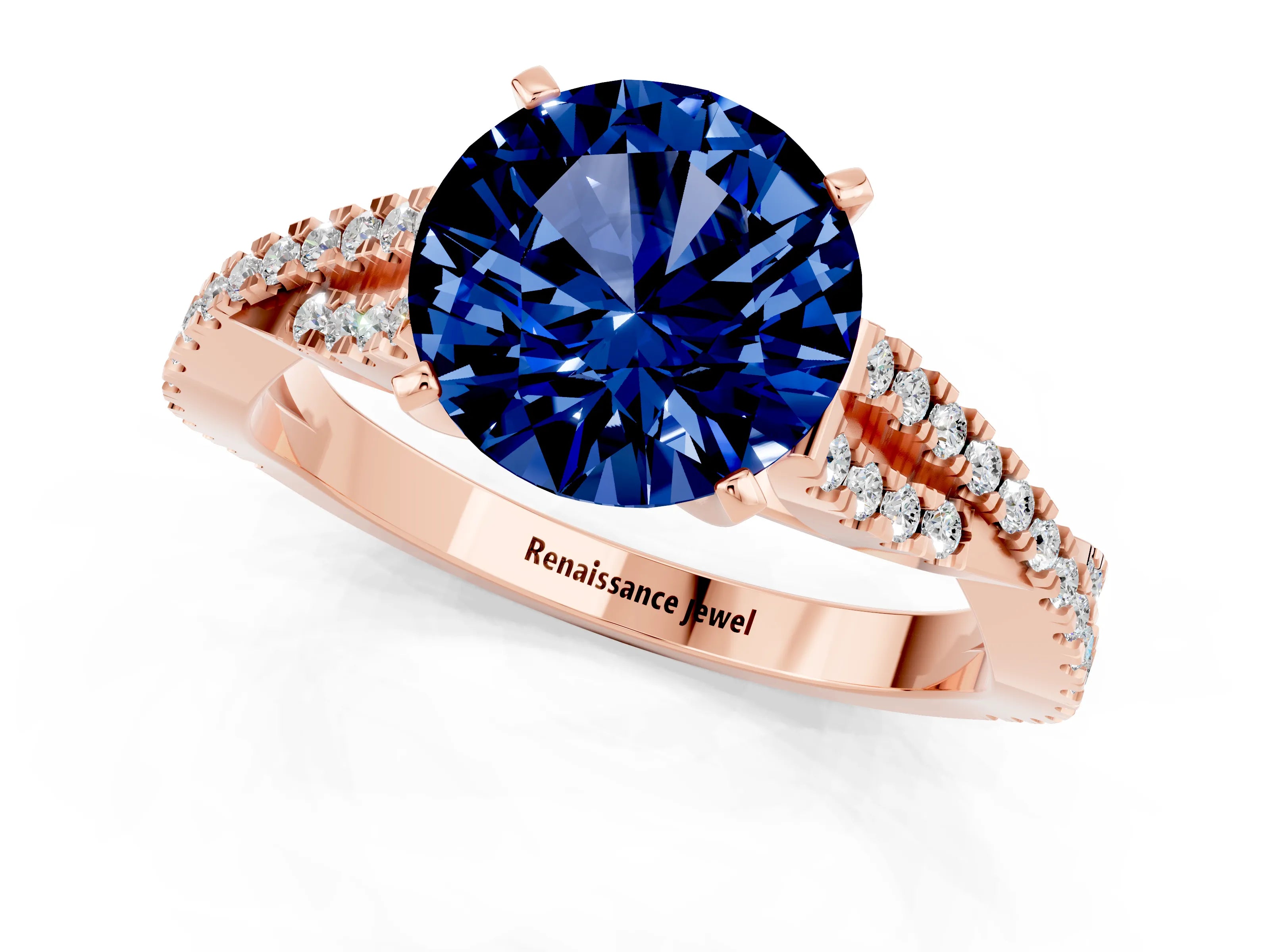 Rose gold Round Cut Blue Sapphire Solitaire Engagement Ring with Twisted Pavé Band and Four-Prong Setting_13