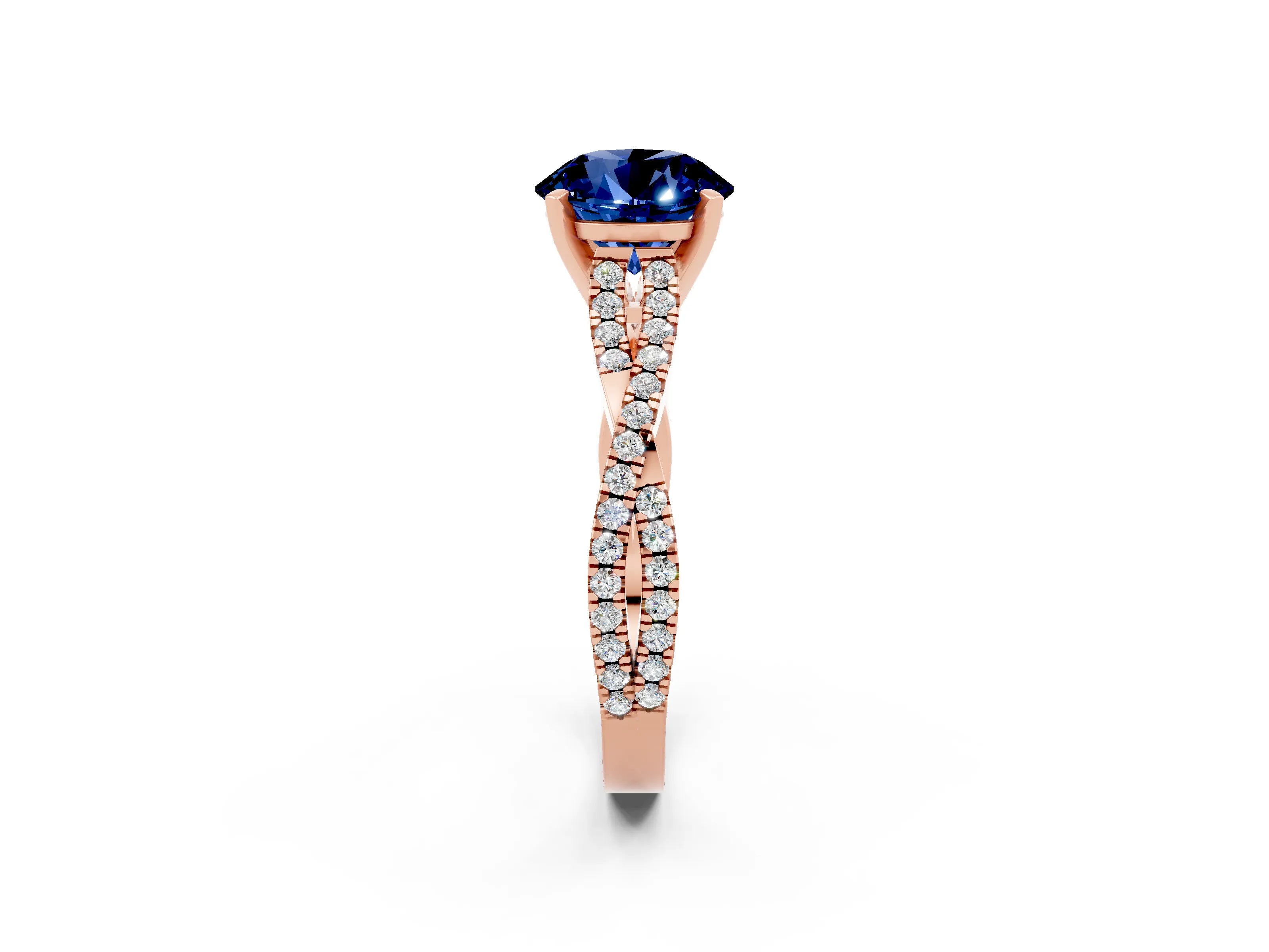 Rose gold Round Cut Blue Sapphire Solitaire Engagement Ring with Twisted Pavé Band and Four-Prong Setting_14