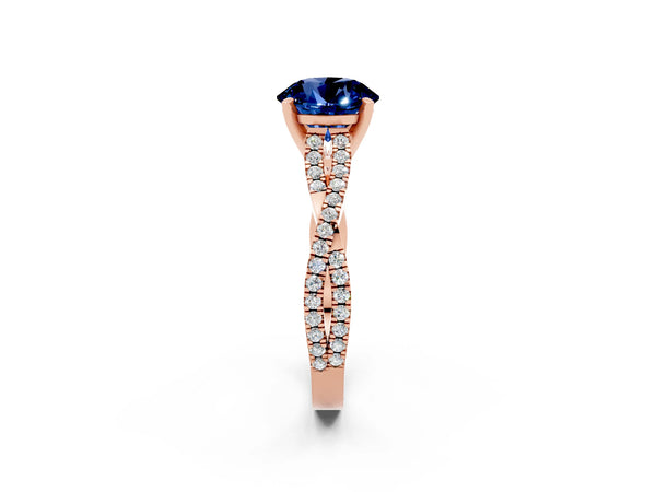 Rose gold Round Cut Blue Sapphire Solitaire Engagement Ring with Twisted Pavé Band and Four-Prong Setting