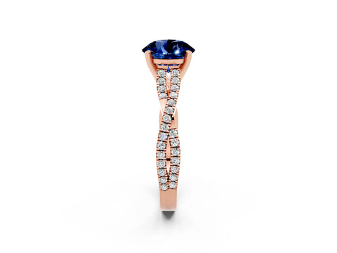 Rose gold Round Cut Blue Sapphire Solitaire Engagement Ring with Twisted Pavé Band and Four-Prong Setting_14