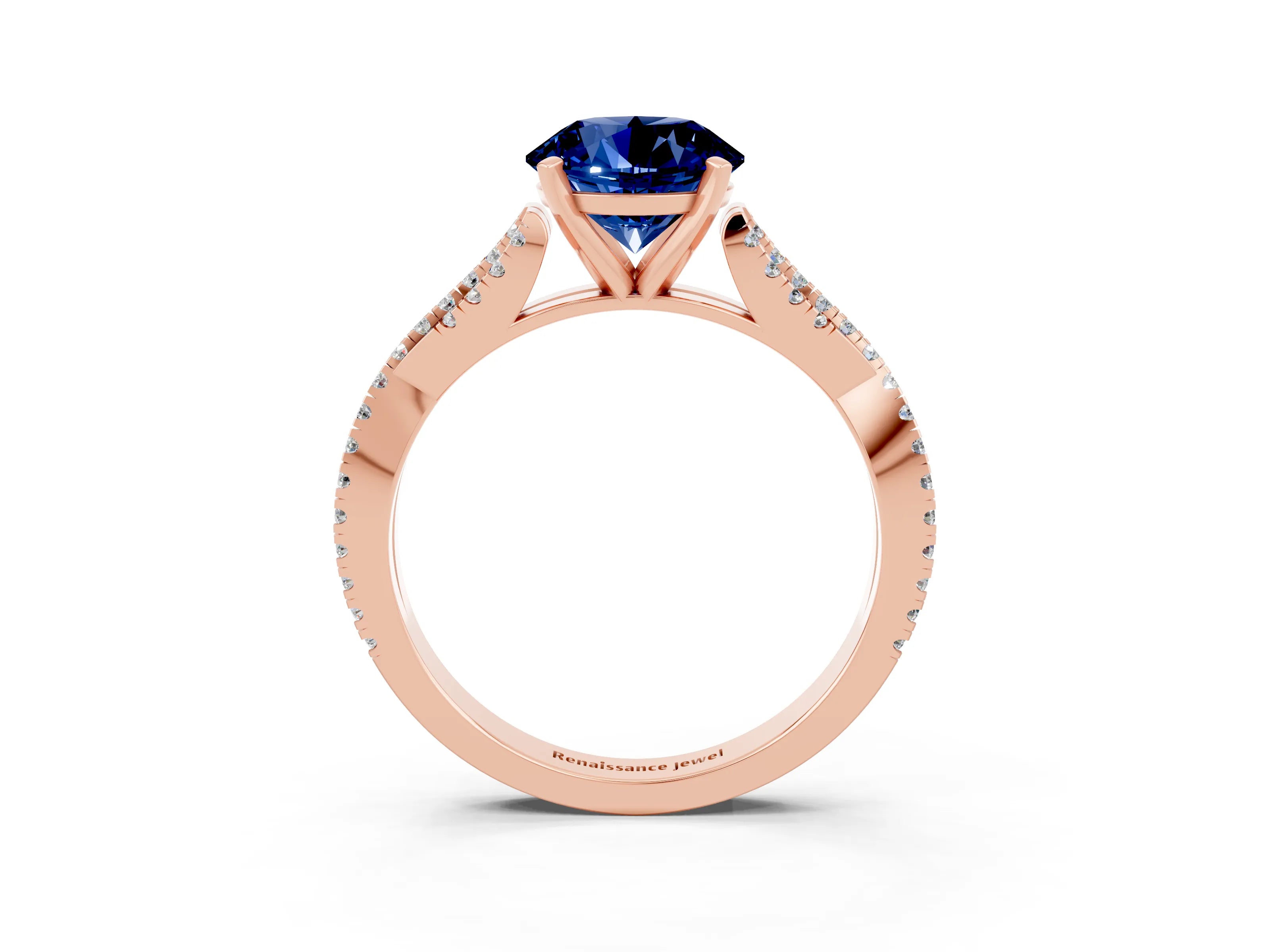 Rose gold Round Cut Blue Sapphire Solitaire Engagement Ring with Twisted Pavé Band and Four-Prong Setting_15