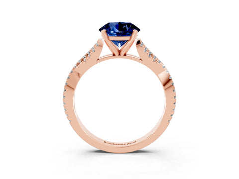 Rose gold Round Cut Blue Sapphire Solitaire Engagement Ring with Twisted Pavé Band and Four-Prong Setting_15