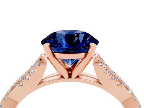 Rose gold Round Cut Blue Sapphire Solitaire Engagement Ring with Twisted Pavé Band and Four-Prong Setting_16