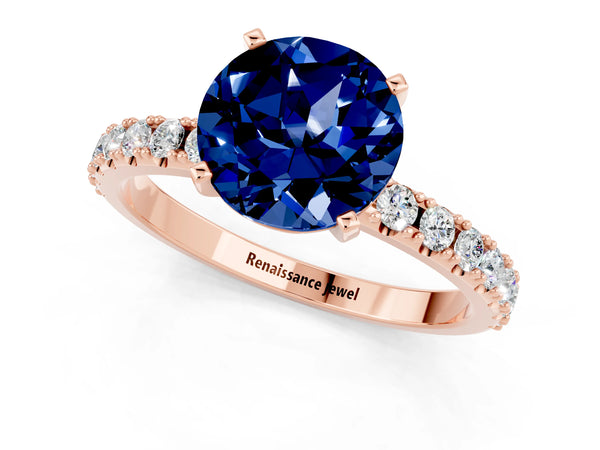 Rose gold Round Cut Blue Sapphire Solitaire Pavé Band with Four-Prong Setting